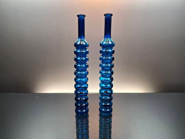 2 Slim Vintage Blue Bobble Bottles / Vases