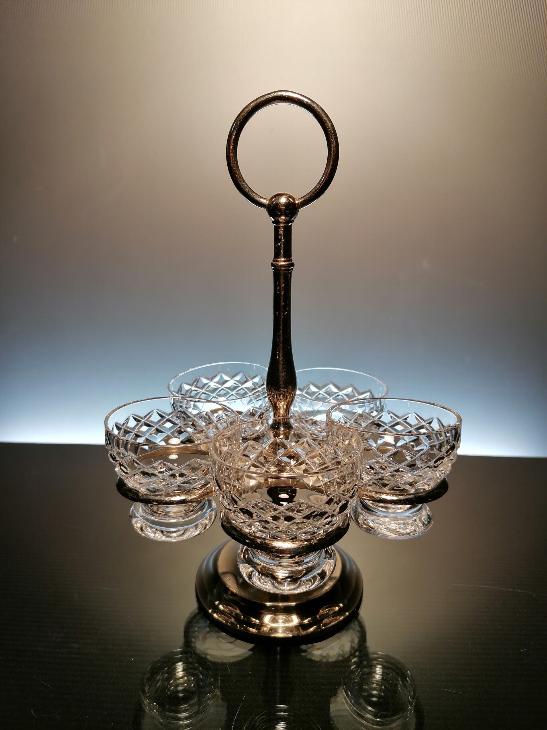 Crystal cups in silver-plated holder