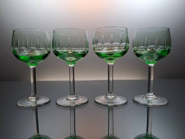 4 Belgian green wine glasses  “Val Saint Lambert”