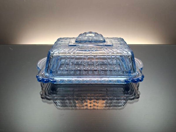 Bleu art deco glass butter dome “A.D. Copier Leerdam”