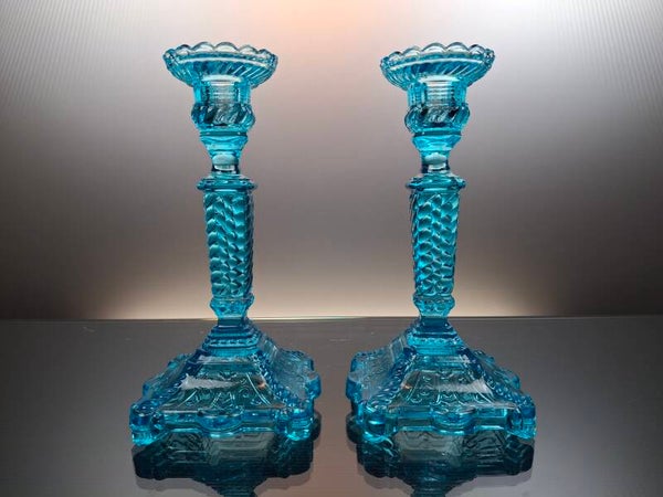 French blue antique glass Candlesticks "Portieux - Vallerysthal"