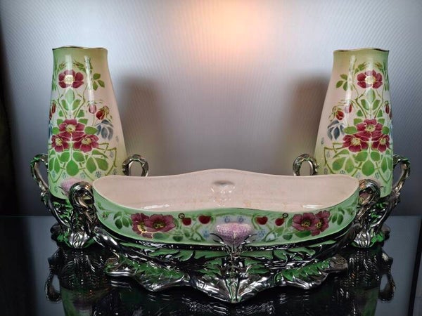 Set of 3 ceramic art nouveau vases “Nimy – Orfévrerie – églantine”