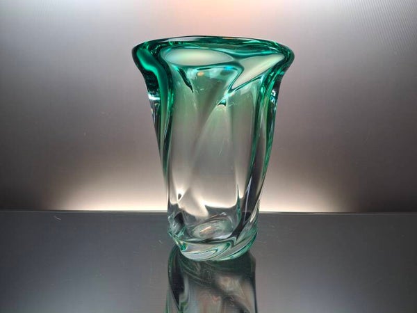 Val Saint Lambert clear – turquoise crystal vase “Conque”
