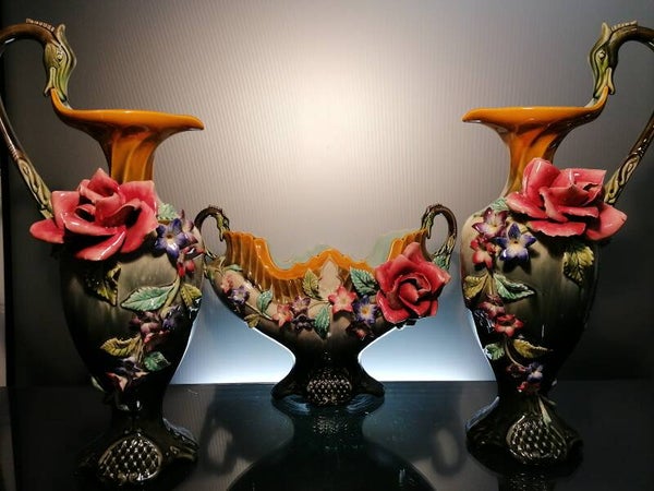 Set of 3 ceramic art nouveau vases