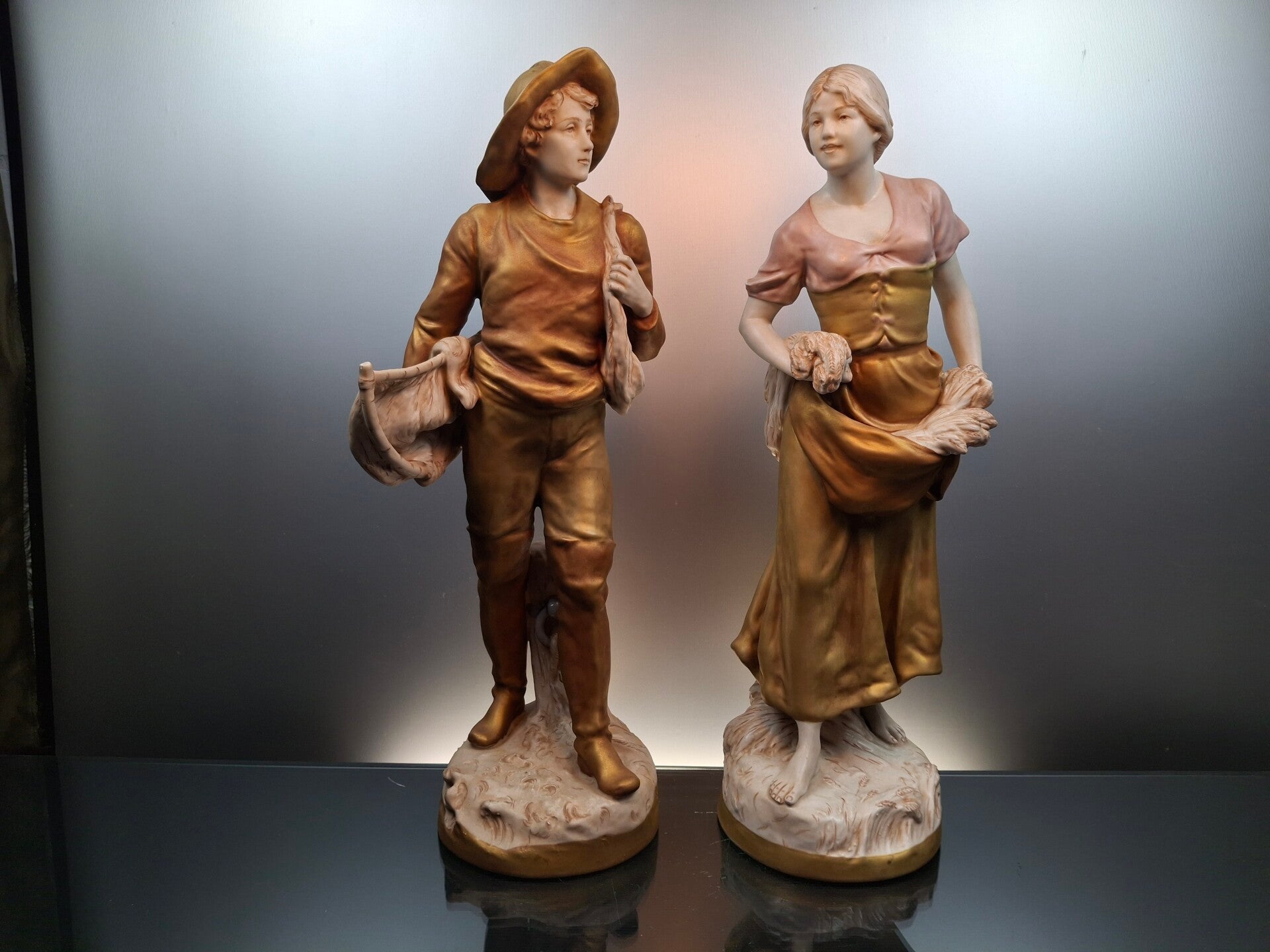 Royal Dux statue farmer and fisher