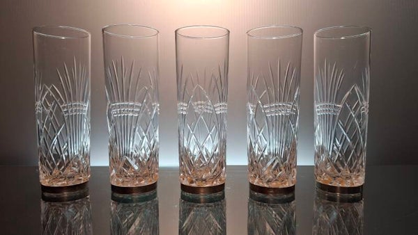 5 crystal long drink glasses with silver-plated base.