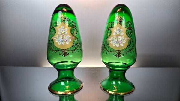 2 Green Venice art glass objects / vases "Tre Fuochi"