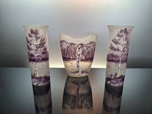 3 French Art Nouveau vases with winter landscape "Jean Simon Peynaud"