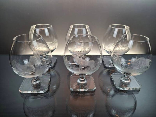 6 rare crystal Cognac glasses Val Saint Lambert « Hunting - Rouillac»