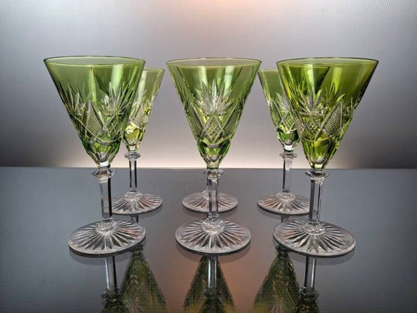 6 green crystal wine glasses Val Saint Lambert “Eurydice»