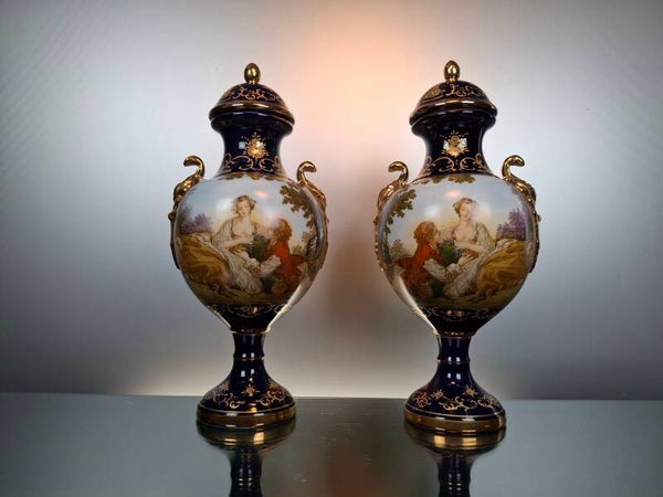 Porcelain vase set "A.C.F. décor bleu Sevres"