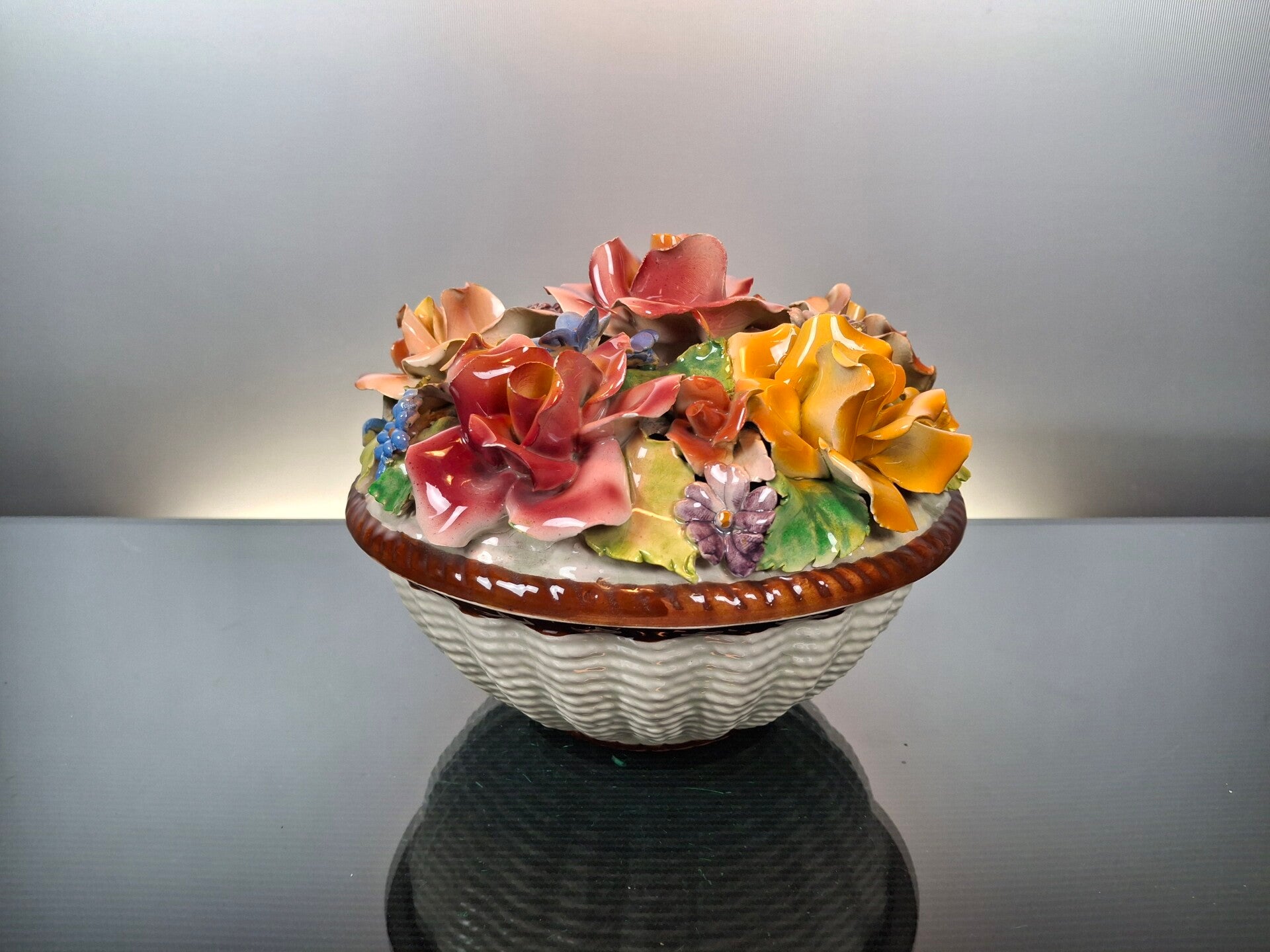Italian porcelain candy bowl / table piece with flowers  "Capodimonte"
