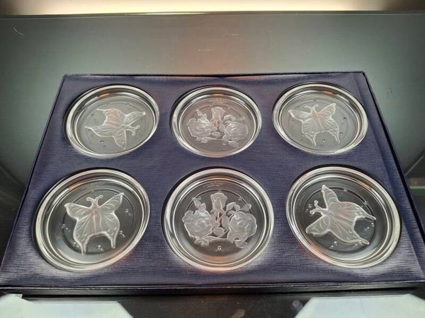 6 Val Saint Lambert crystal coasters "Butterfly’s & Flowers"