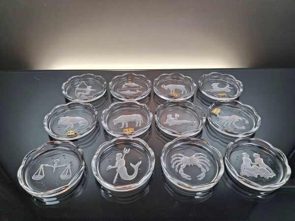 12 Val Saint Lambert crystal coasters "Zodiac"
