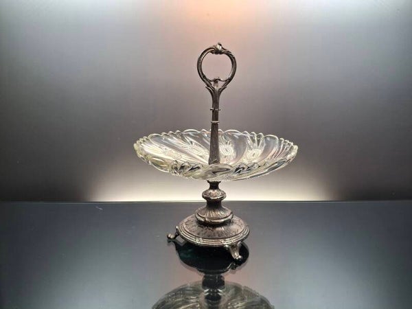 French clear glass Art Deco fruit bowl on metal foot.