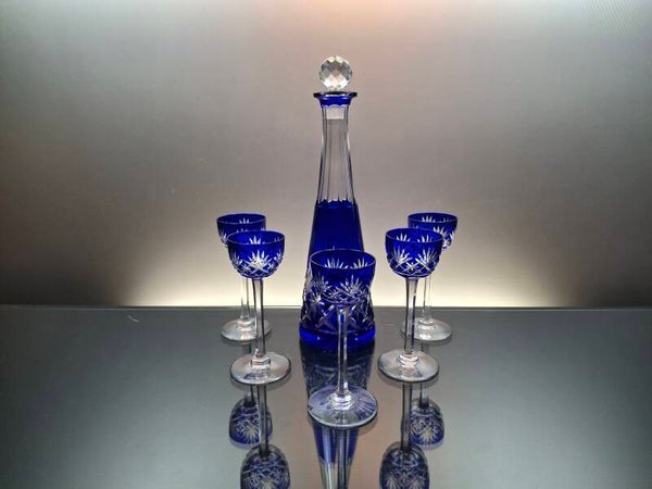 Antique cobalt blue carafe + 5 liquor roemer glasses ”Saint Louis”.