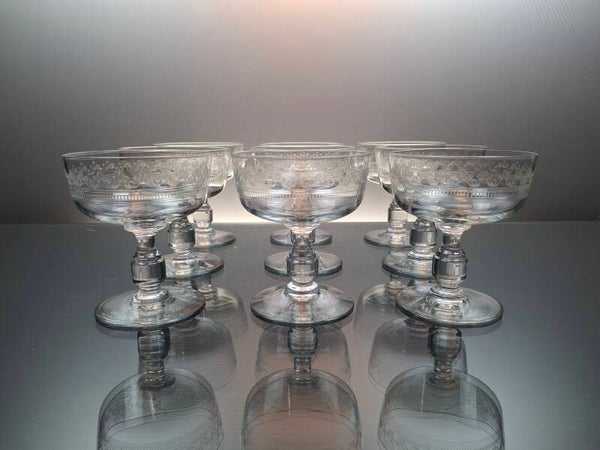 9 antique Champagne glasses Val Saint Lambert “Courbet Guilloché”