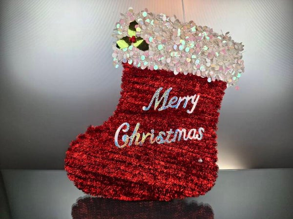 Vintage Christmas decoration in the shape of a boot “Merry Christmas”