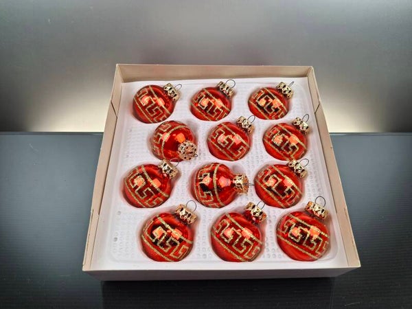 12 red vintage glass baubles
