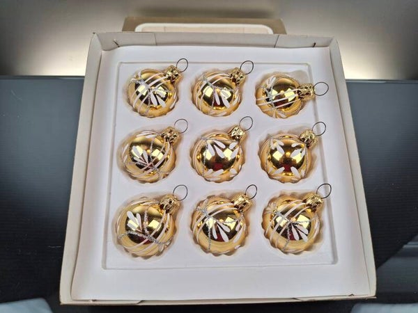 9 golden vintage glass baubles