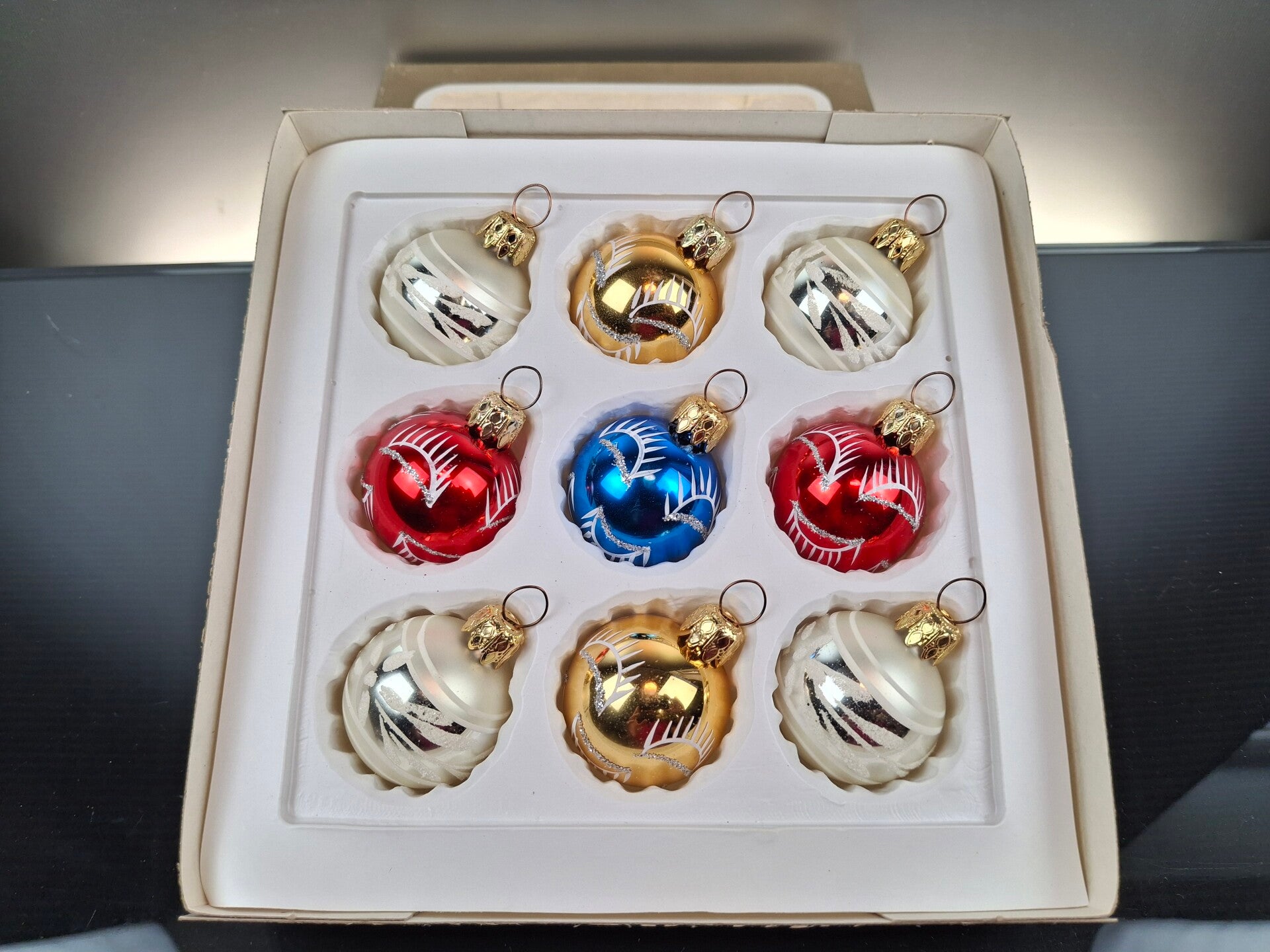 9 colored vintage glass baubles