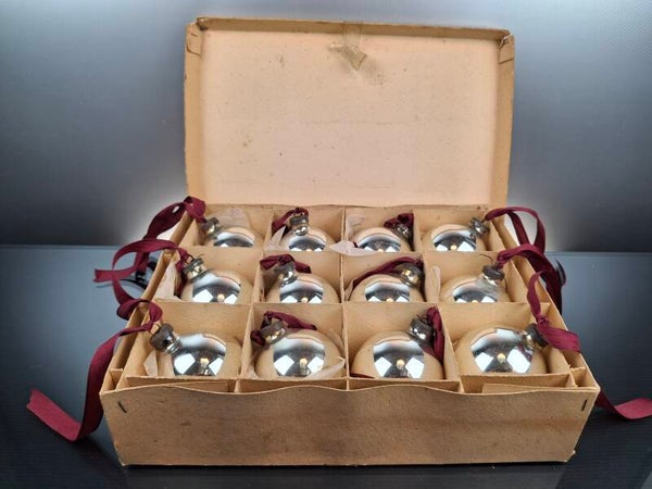12 antique silver glass baubles in box