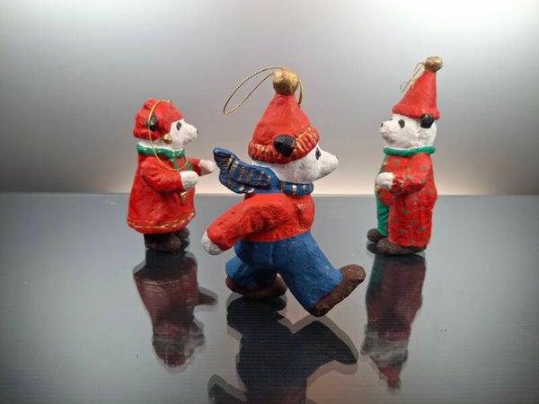 Set of 3 handcrafted Paper Mache Pandas in winter clothes, Christmas hanger