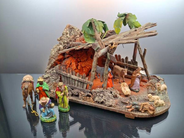 Antique Wooden nativity scene with 13 figures