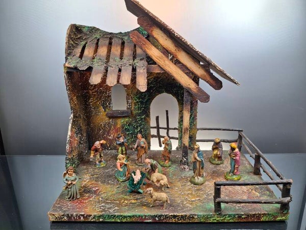Antique Large Wooden nativity scene with 13 figures