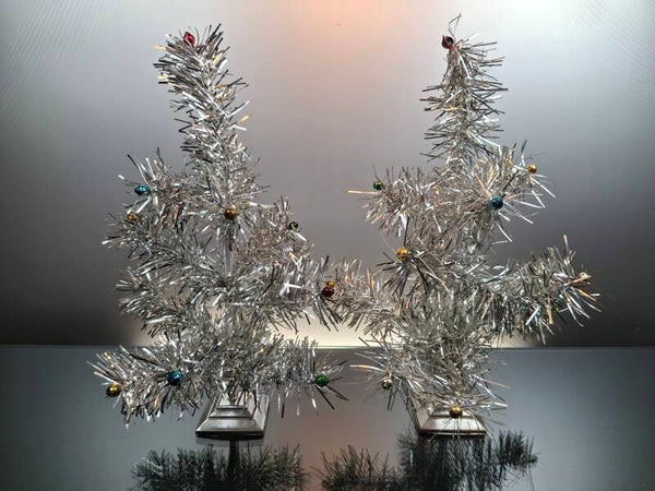 2 Vintage silver Christmas trees with glass pearls 35 cm / 13.78 inches