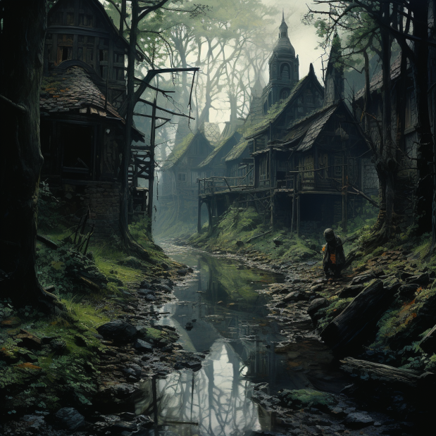 Crouching by Medieval Village