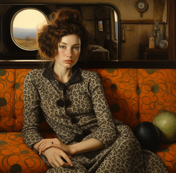 Woman on orange couch