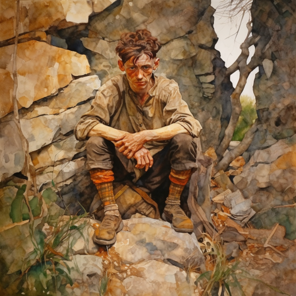 Man seated by rocks