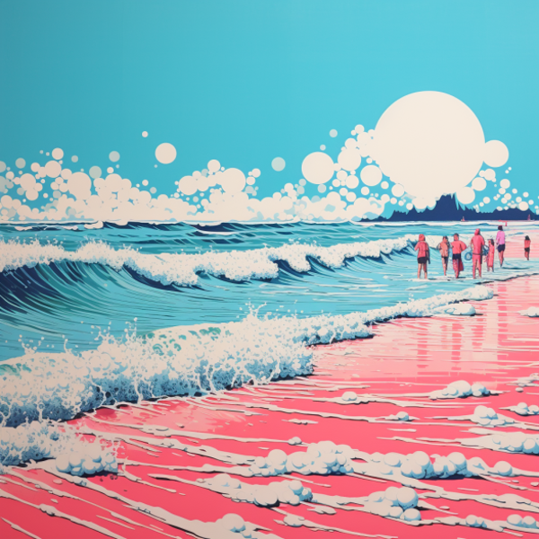 Pop Beach scene with figures walking