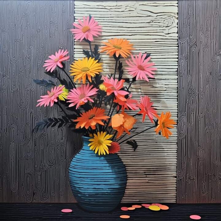 Assorted flowers in blue vase