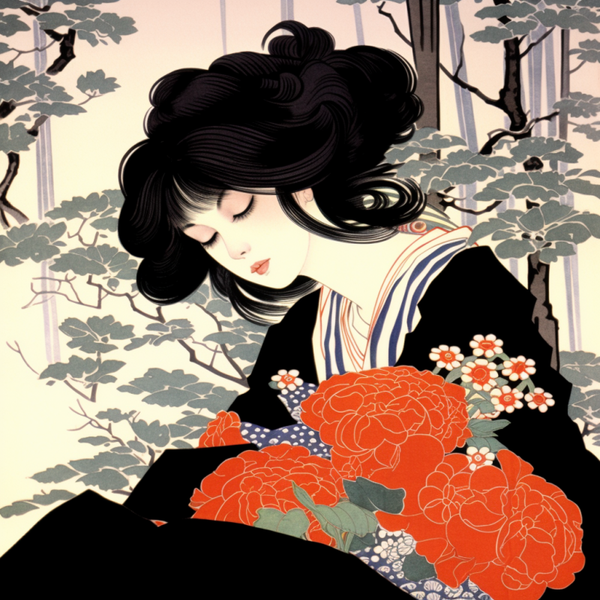 Japanese Woman with crysthanamum flowers