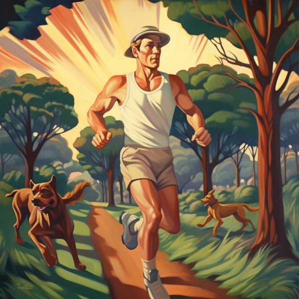 Man running with dogs at sunset