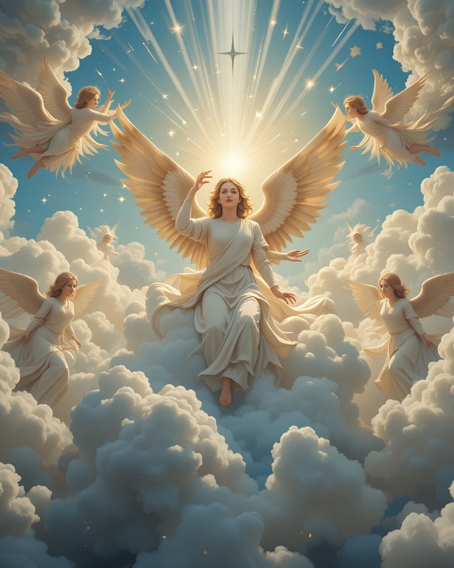 ilustración de ángeles luminosos entre nubes, simbolizando guía espiritual, sanación y conexión divina