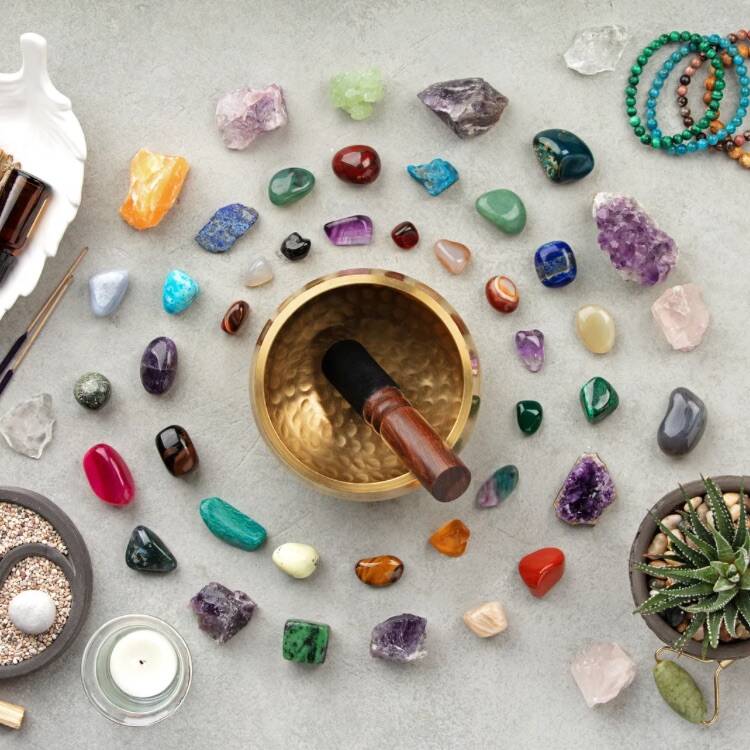 mandala de cristales energéticos con cuenco tibetano para sanación y transformación espiritual