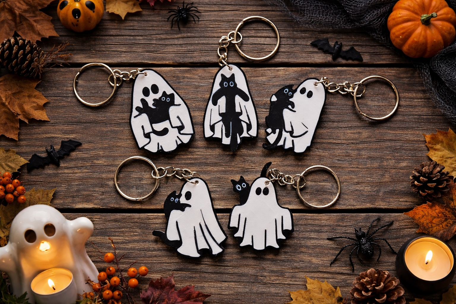 Black Cat & Ghost Keychains - Set of 5