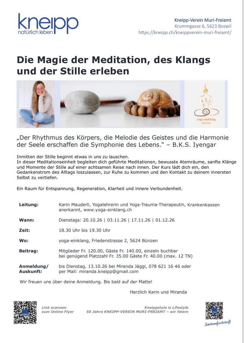 Kneipp Verein, Medttation, Atem, Klangschalen, Entspannung, Bewusstsein, Yoga in Bünzen, yoga-einklang, Karin Mauderli