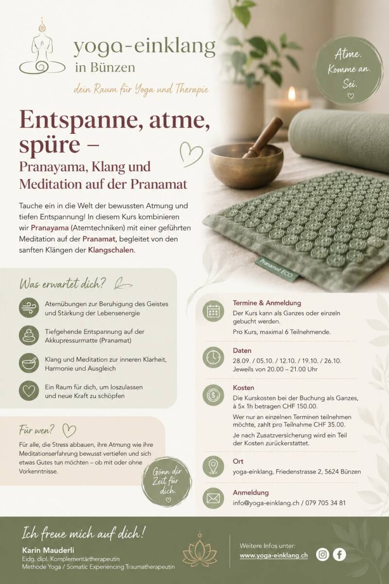 Pranamat, Yoga, Atmrn, Entspannung, Klang und Meditation, yoga-einklang in Bünzen 