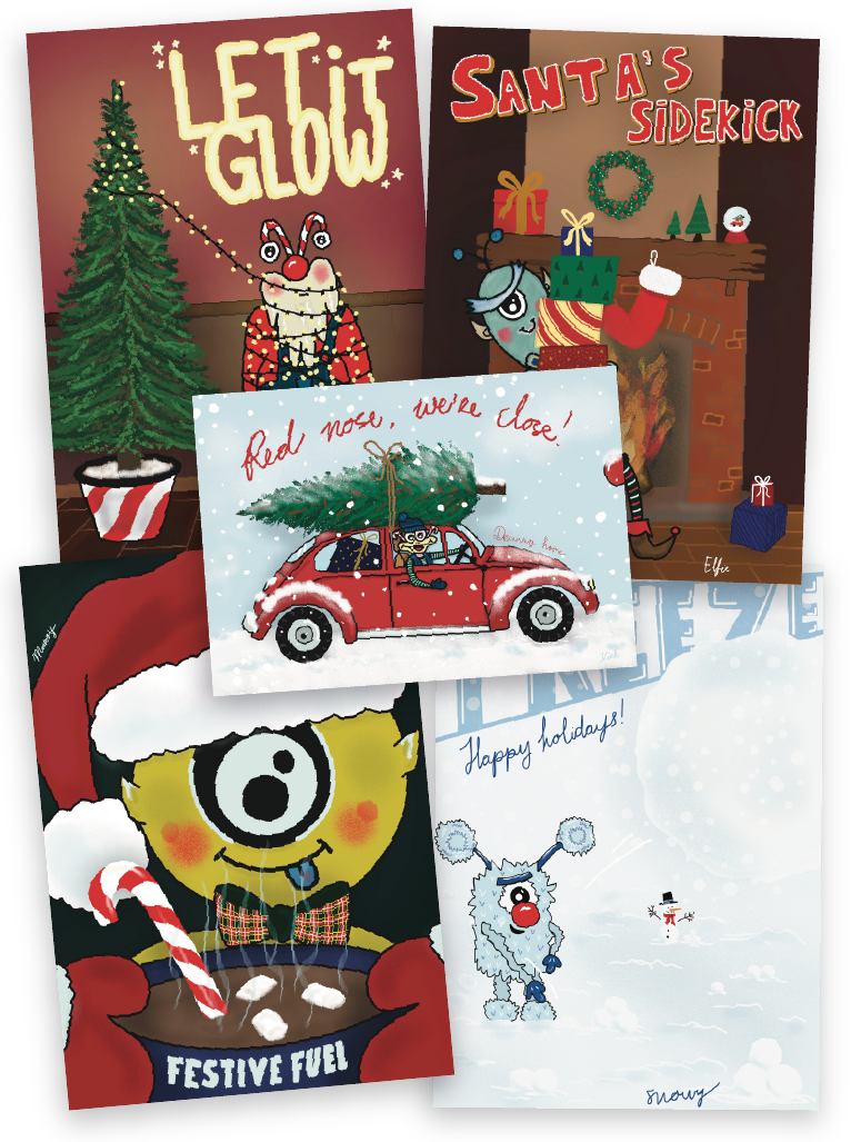 Kerst Happy Monsters - set van 5 ansichtkaarten