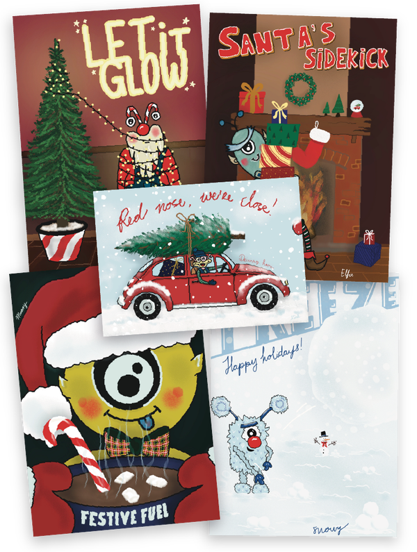 Kerst Happy Monsters - set van 5 ansichtkaarten