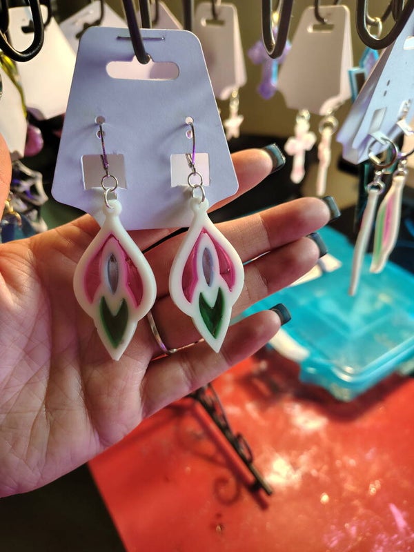 green, pink, n blue earrings