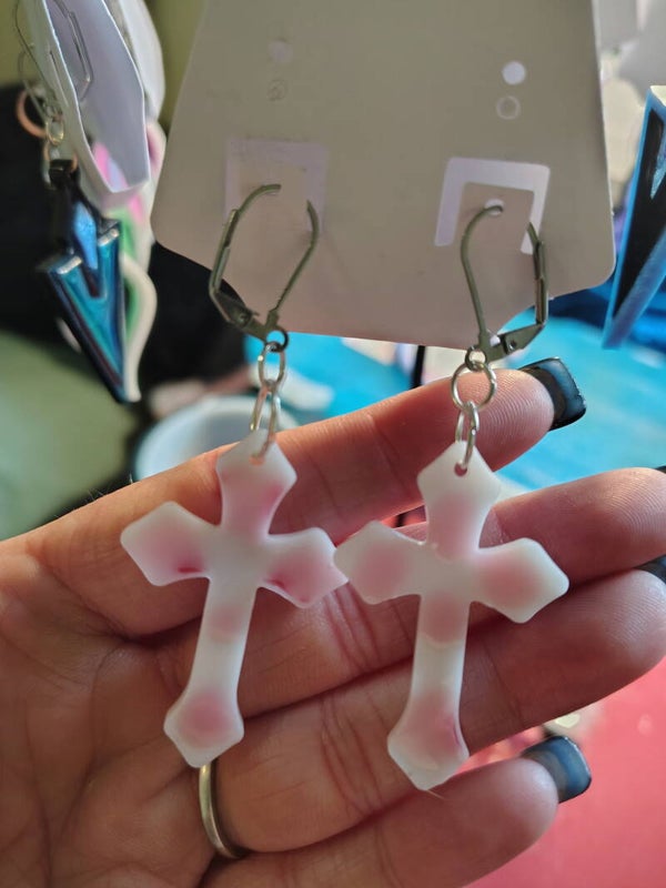 pink n white cross earrings