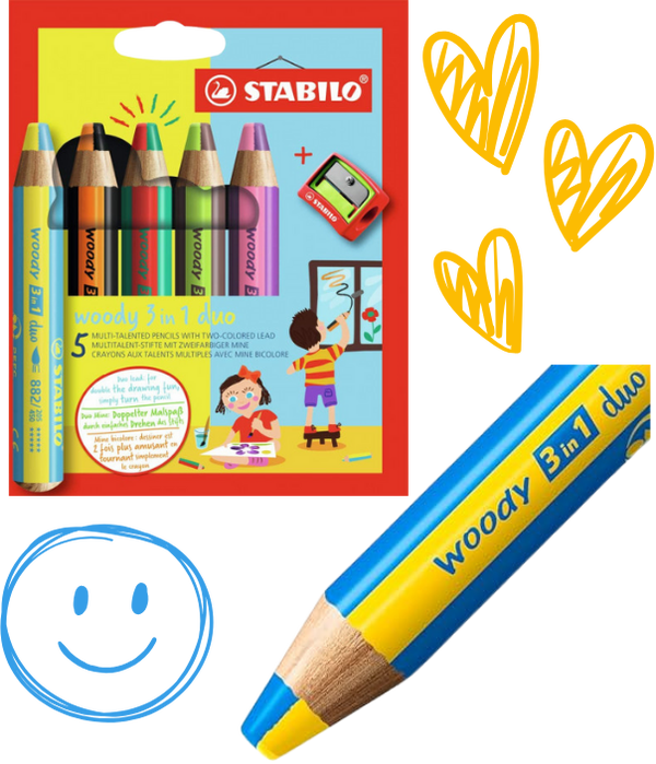 STABILO woody 3 in 1 - pack de 5 crayons bicolor + taille crayon