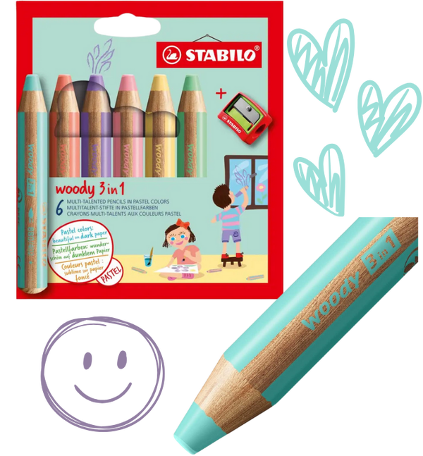 STABILO woody 3 in 1 - pack de 6 Crayons de couleur pastel + taille-crayon