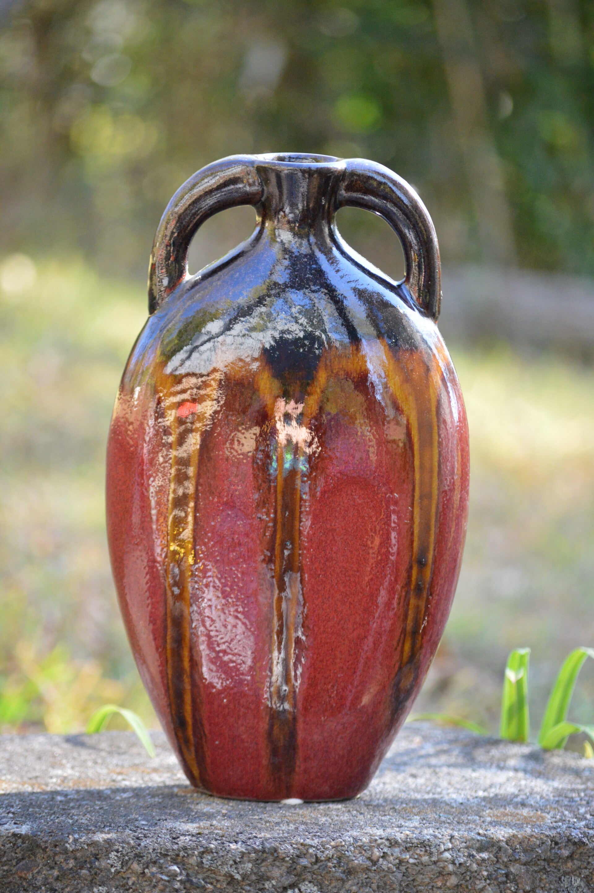 11 inch tall Deep Red with Brown Drip Glazed Double Handle Handmade Vase