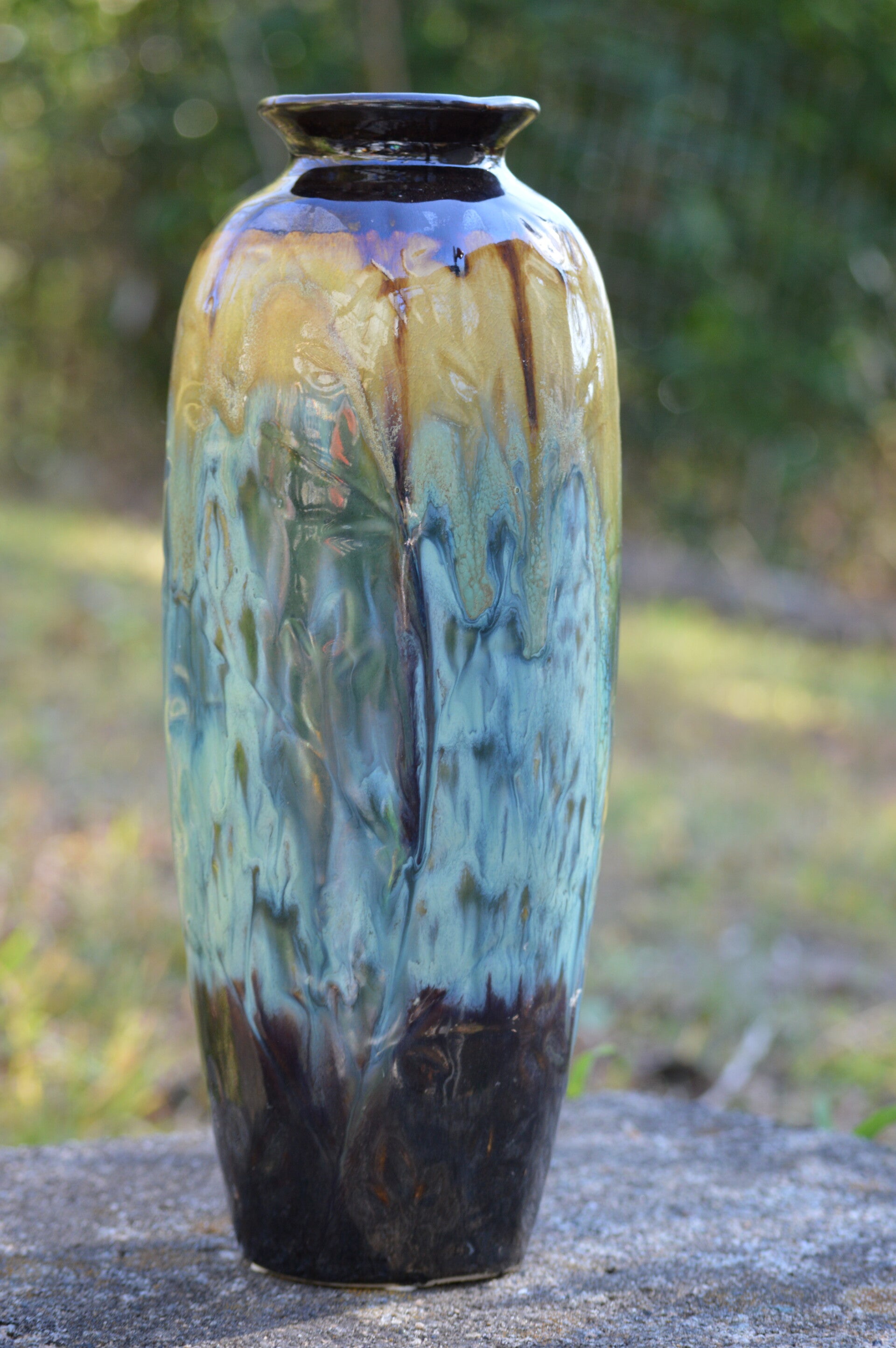Vintage 12 inch Pottery Drip Glazed Vase with indented pattern
